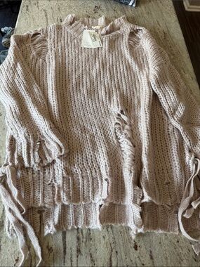 Cozy Distressed Knit Sweater in Blush Pink